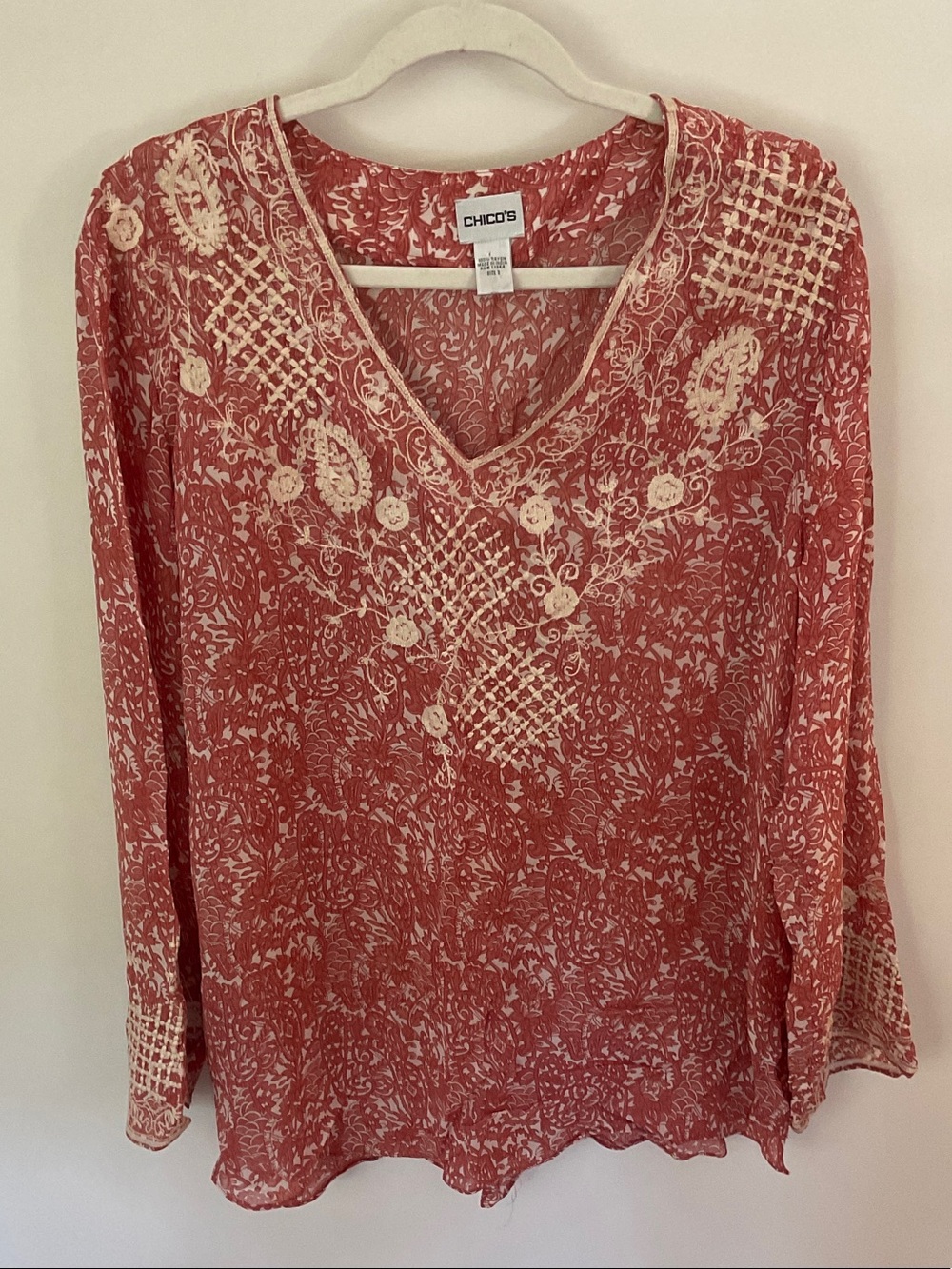 Chico's Coral and Cream V-Neck Embroidered Blouse